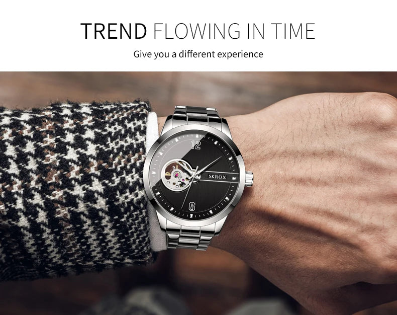 SKROX Elegant Luminous Waterproof Automatic Clockwork Tourbillon Skeleton Mechanical Men's Watch Mesh strap Luxury Wrist Watches