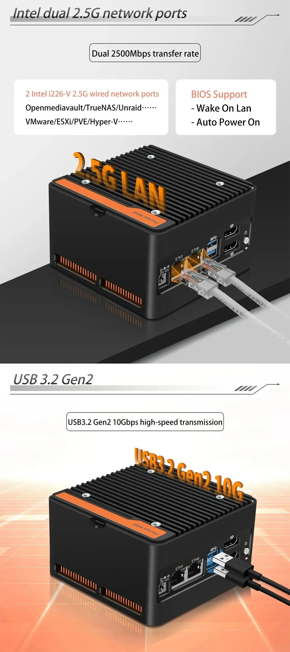 Hot 4 x NVMe Mini NAS Server 4 Bay NAS N100 3 N355 Pocket PC with Dual LAN,Dual HDMI 2.0,USB3.2 Gen2,Support BT5.4/WiFi6/WiFi7