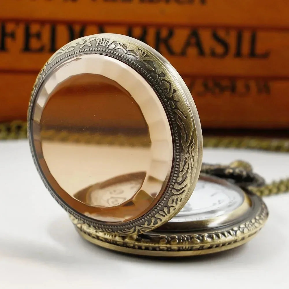 Vintage Amber Color Dial Bronze Pocket Watch Quartz Chain Pendant Clock Necklace Watches for Men Women Unique Exquisite Gifts
