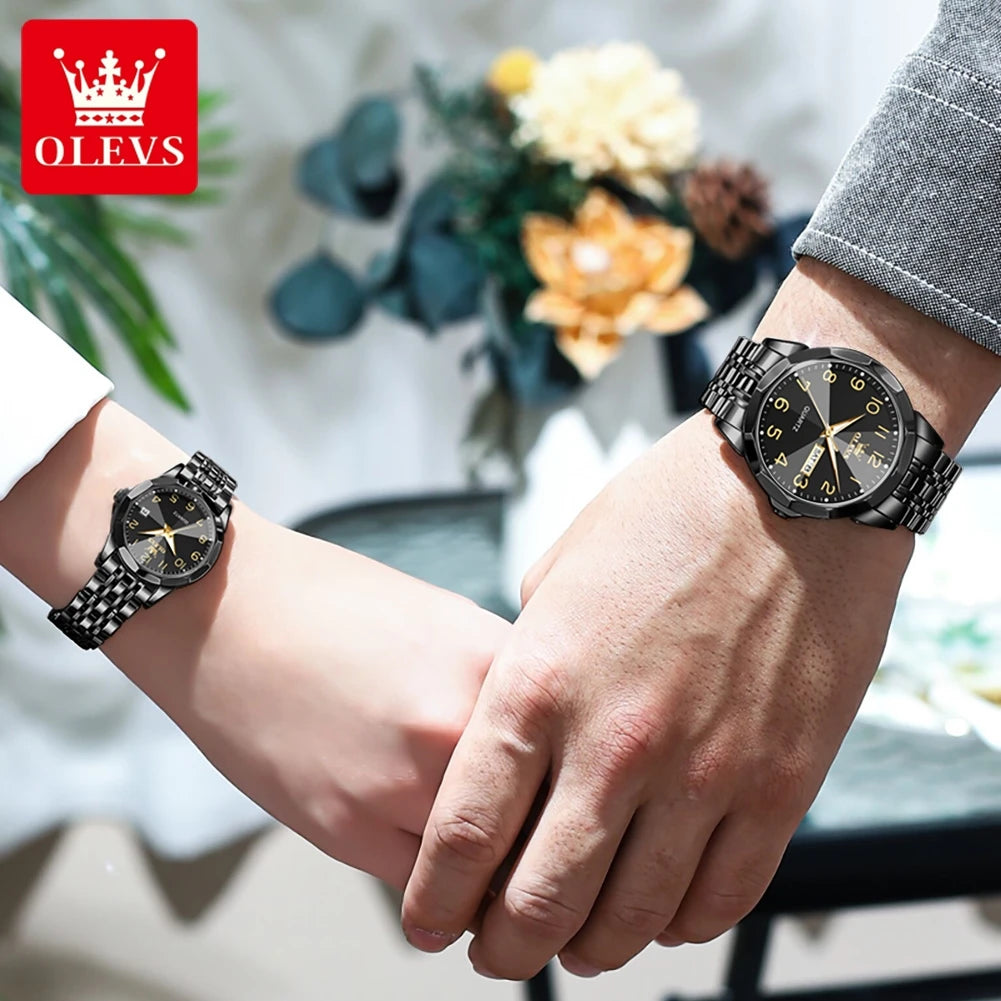 OLEVS 9970 Couple Watch Classic Digital Dial Stainless Steel Rhombus Mirror Luxury Top Quartz Watches for Men Women Lover's Gift