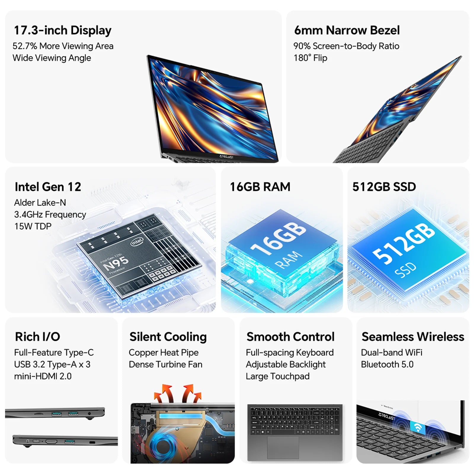 Teclast F17 Plus Laptop 17.3 inch Intel N95 Computer 16GB RAM 512GB SSD Windows 11 Pro 180° Flip Laptops mini-HDMI USB3.2 Type-C
