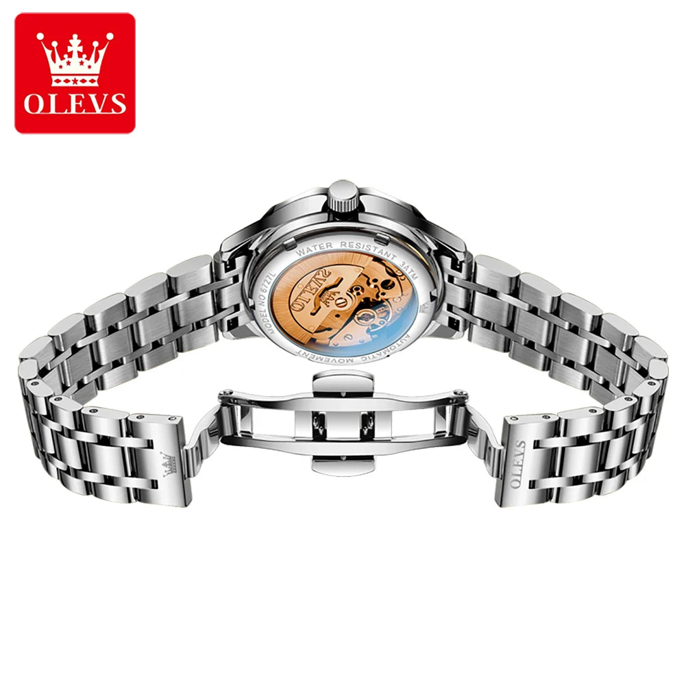 OLEVS 6727 Women's Watches Elegant Fashion Original Automatic Mechanical Watch for Lady Grey Double Scale Dial Waterproof Date