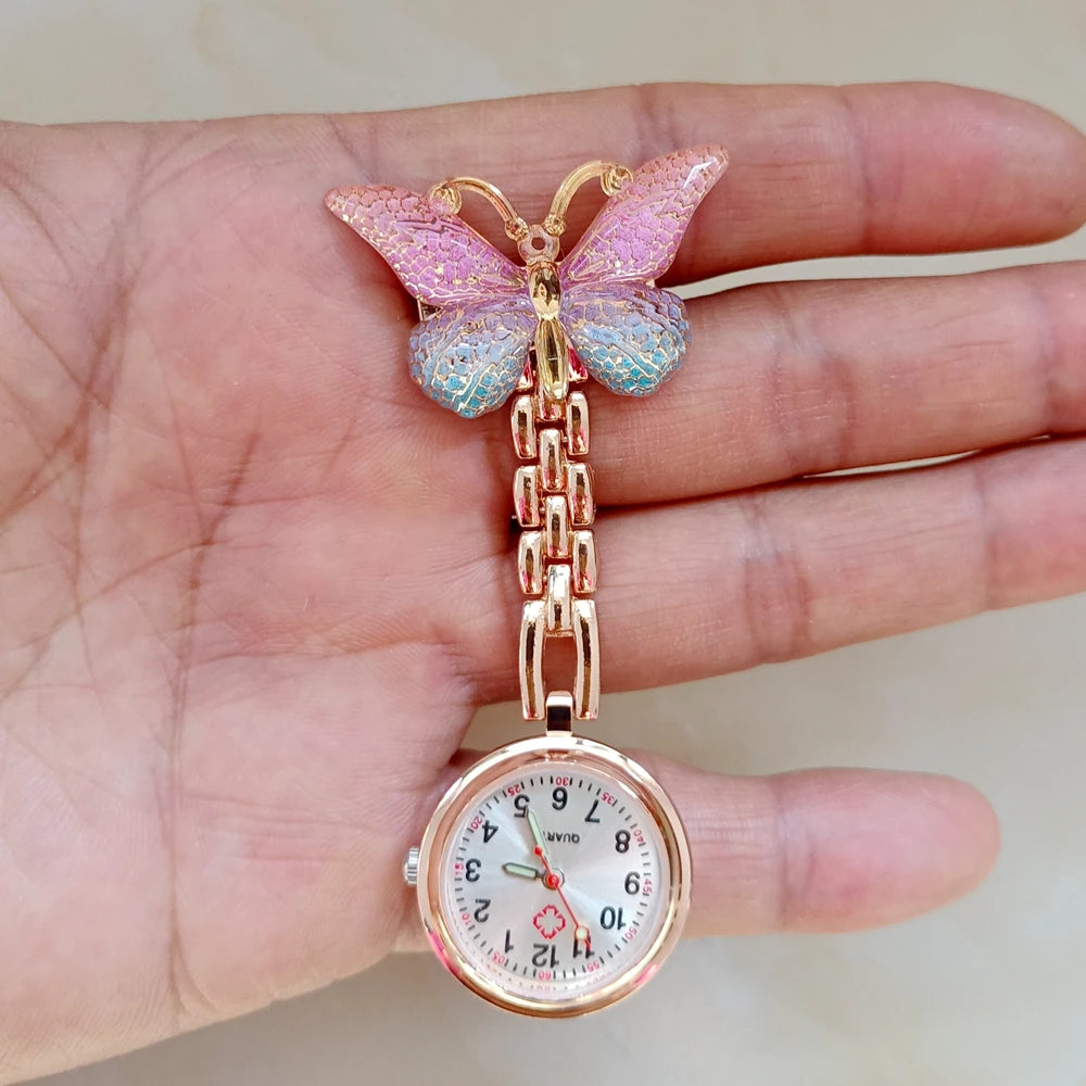 Colourful Resin Butterfly Rose Gold Alloy Small Pins Pocket Watches Nurse Doctor Hospital Medial Transparent Gift Watches Clock