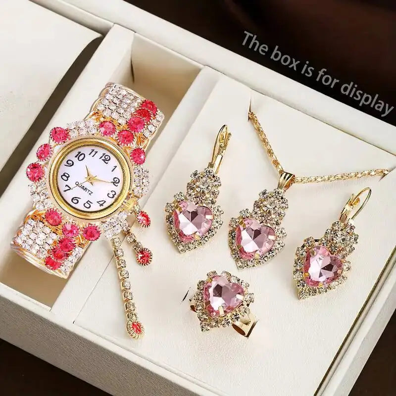 5PCS/Set Luxury Rhinestone Women Watches Fashion Adjustable Bangle Ladies Quartz Wristwatch Jewelry Set Reloj Mujer（Without Box）