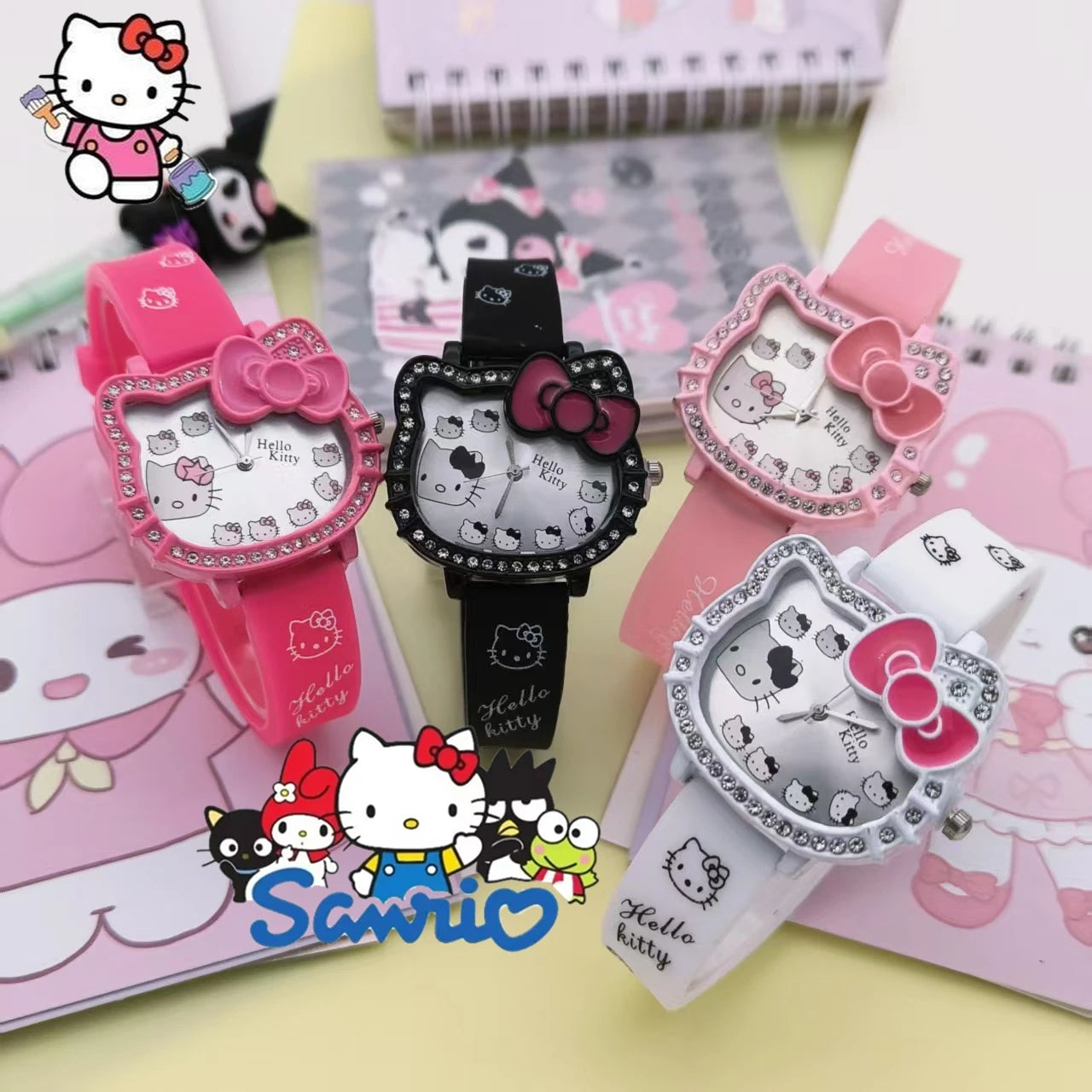 Cartoon Hello Kitty Electronic Watch Children's Cat Head Watch Bow Quartz Student Party Kids Girls Gifts Birthday Present