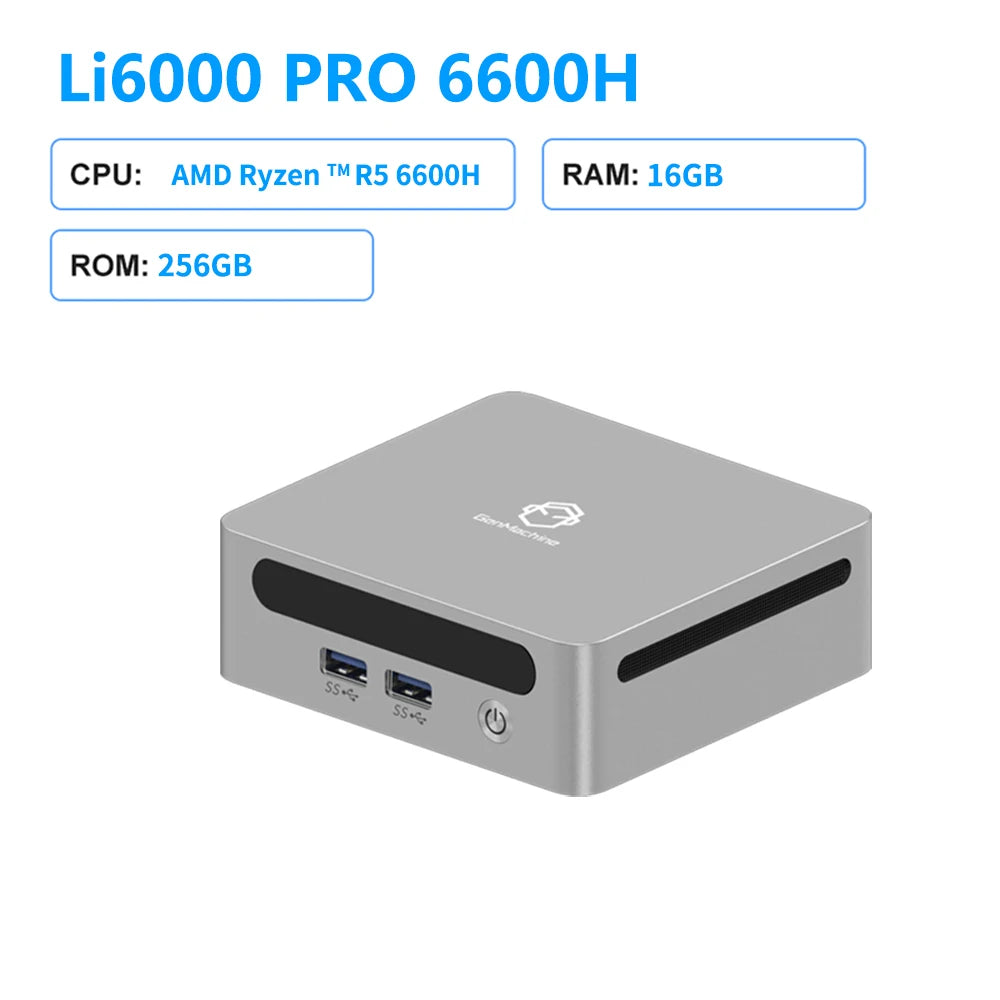 GenMachine Mini PC AMD Ryzen5 PRO 6600H Windows 11Pro 16GB LPDDR5 Dual Channel NVMe M.2 WIFI6 Desktop Office Computer pc gamer