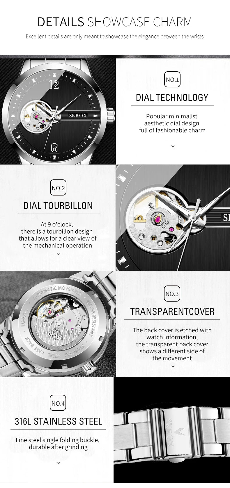 SKROX Elegant Luminous Waterproof Automatic Clockwork Tourbillon Skeleton Mechanical Men's Watch Mesh strap Luxury Wrist Watches