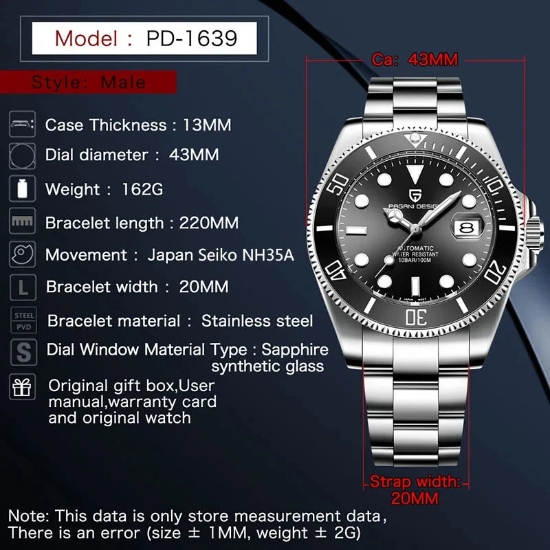 PAGANI Design Men Watches Automatic Mechanical Watch NH35 Stainless Steel 100M Sapphire Glass AR coating PD1639