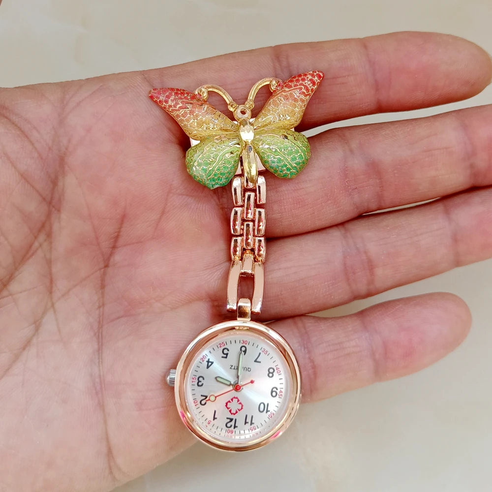 Colourful Resin Butterfly Rose Gold Alloy Small Pins Pocket Watches Nurse Doctor Hospital Medial Transparent Gift Watches Clock