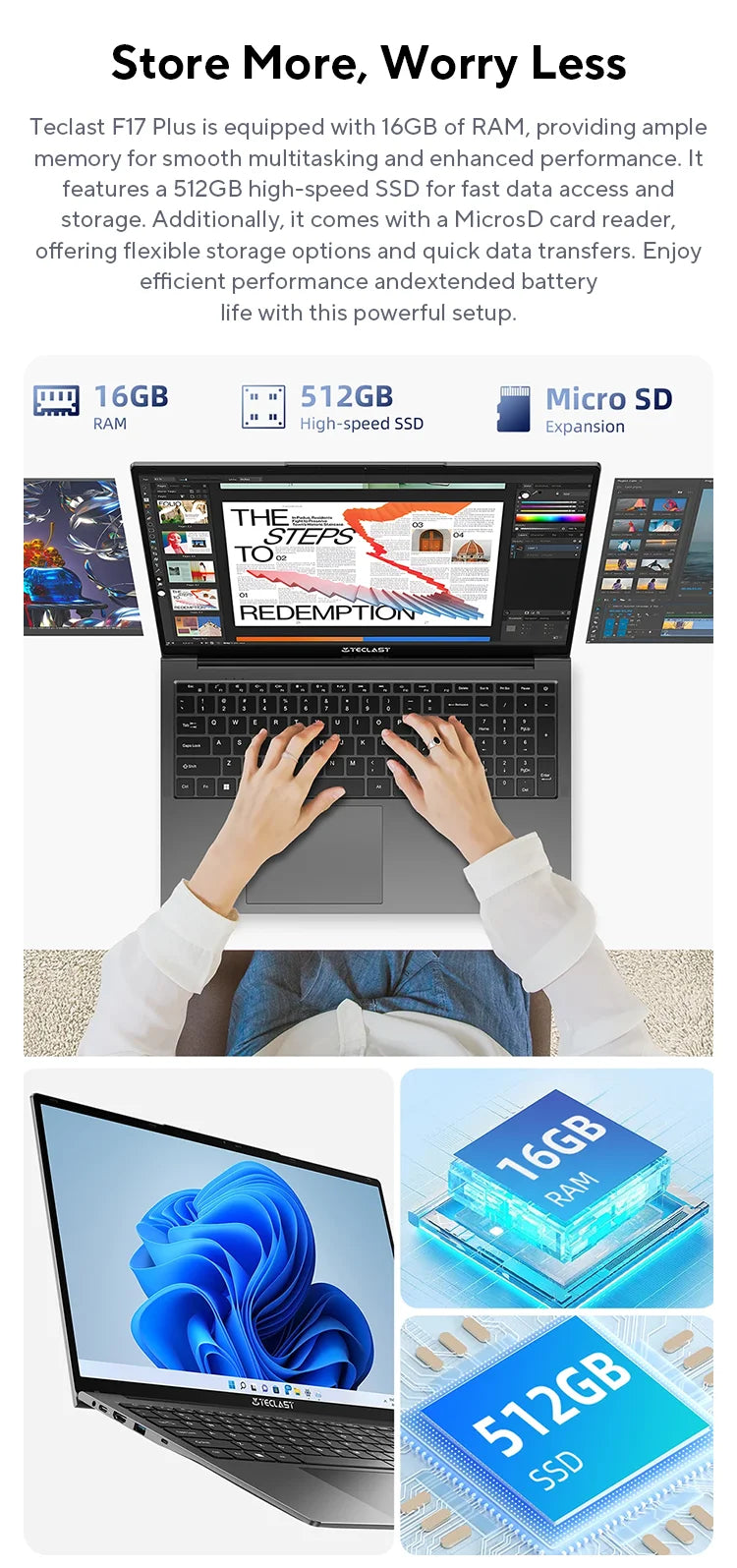 Teclast F17Plus 17.3 inch Laptop Intel N95 16GB RAM 512GB SSD Windows 11 Notebook 180° Flip Computer Backlit Keyboard mini-HDMI