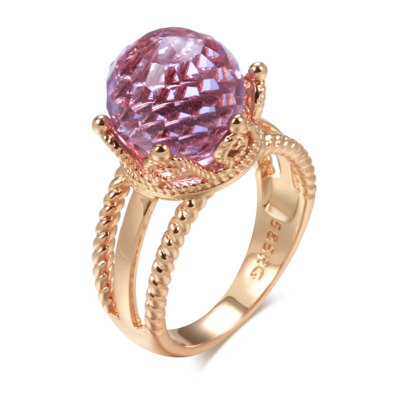 New Unusual 585 Rose Gold Crown Ring for Women Cut Emeral Ball Natural Zircon Ring Elegant Party Wedding Fine Jewelry