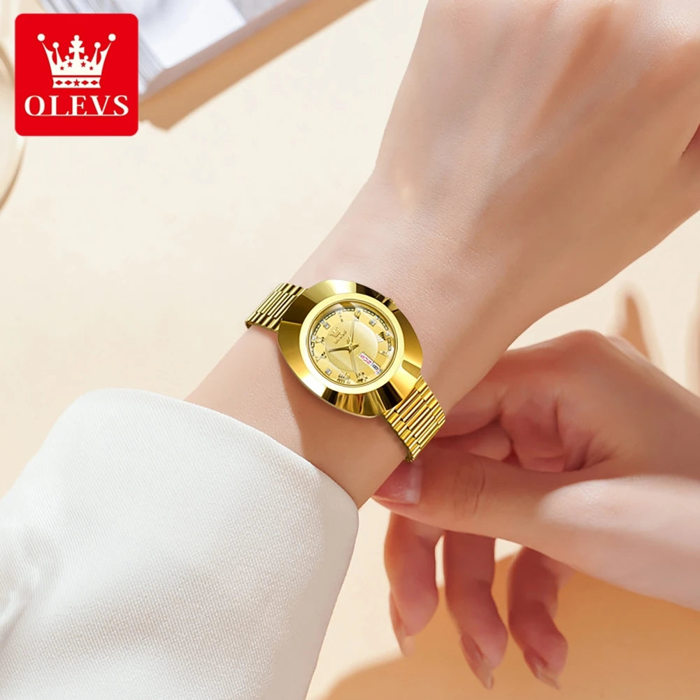 OLEVS 7008 Luxury Quartz Watch for Women Large Dial Tungsten Steel Strap Top Brand Original Golden Women's Decoration Wristwatch