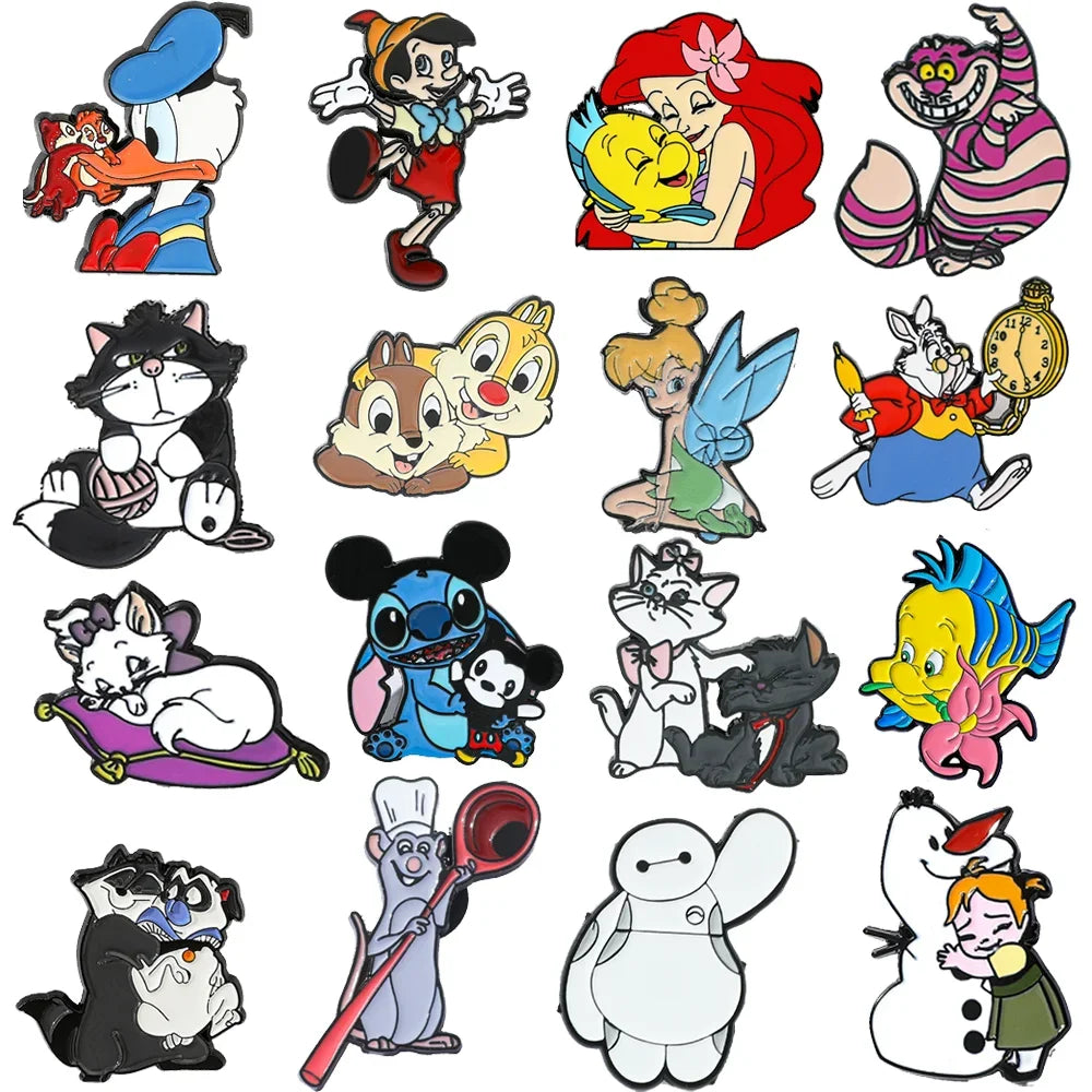 16 Pcs Creativity Character Brooch Mermaid Marie Donald Duck Enamel Pin Backpack Clothing Jewelry Metal Badge Accessories Gift