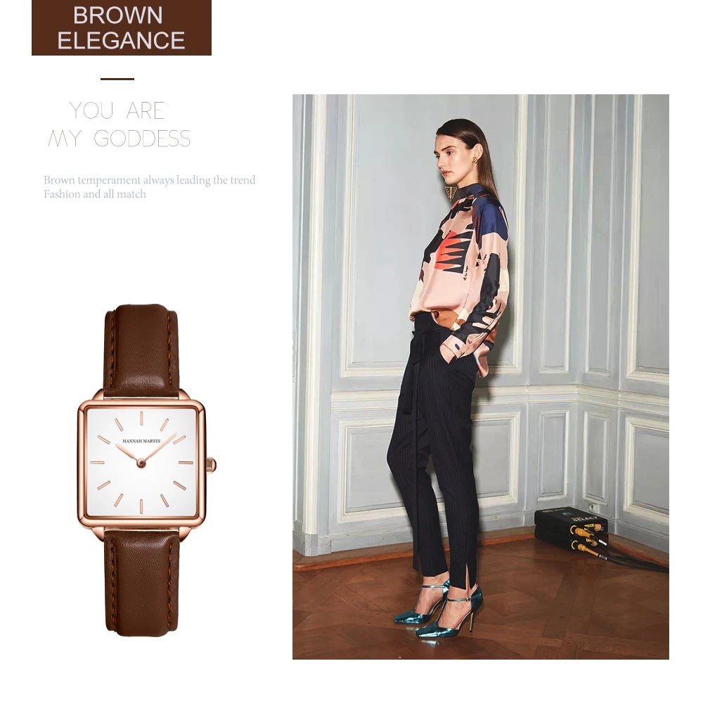 HANNAH MARTIN Brand Women Watch Original Japanese Movement Top Clock Fashion Square Simple Leather Waterproof Quartz Women Watch