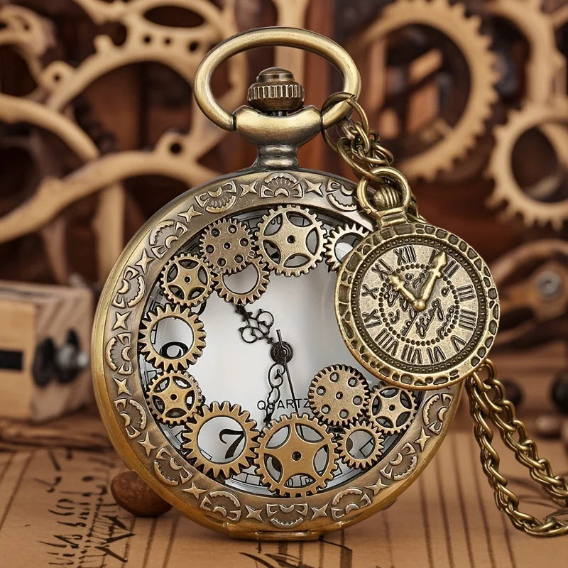 Retro Bronze Hollow Gear Carved Quartz Pocket Watch Necklace Pendant Clock Chain Memorial Gift for Men Women Reloj Hombre