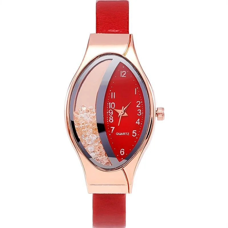 Elegant Women Crystal Oval Dial Quartz Wrist Watches Lady Leather Strap  Casual Watch Gift