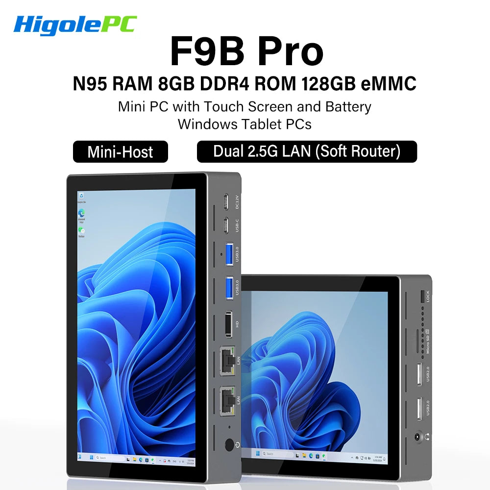 Higole F9B Pro 7'' Intel N95 Mini PC with Screen Windows 11 WiFi5 8G 128G 5000mAh Dual 2.5G LAN Desktop Computer Windows Tablet