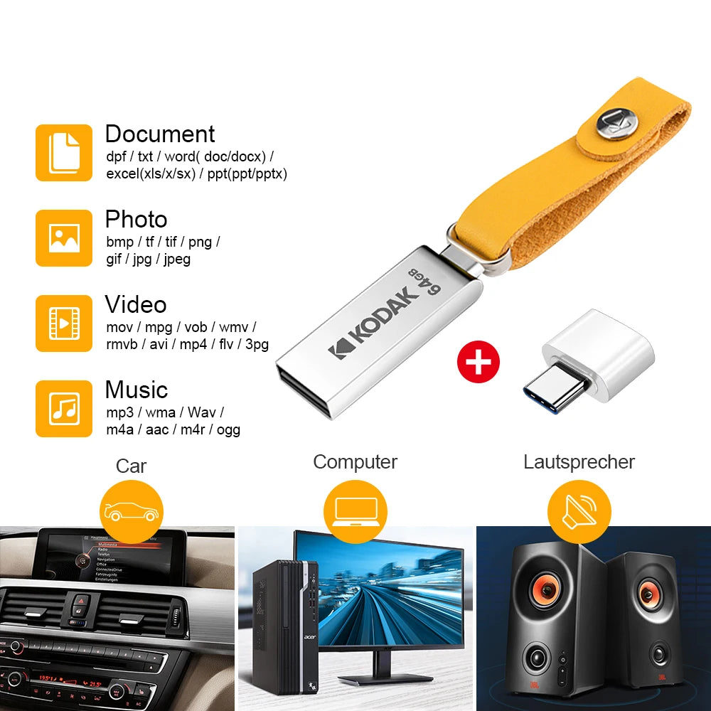 KODAK USB 2.0 Flash Drive H2testw 32GB 64GB 128GB Pendrive Waterproof Memory Stick Leather Landyard Metal U Disk + Type-c Reader