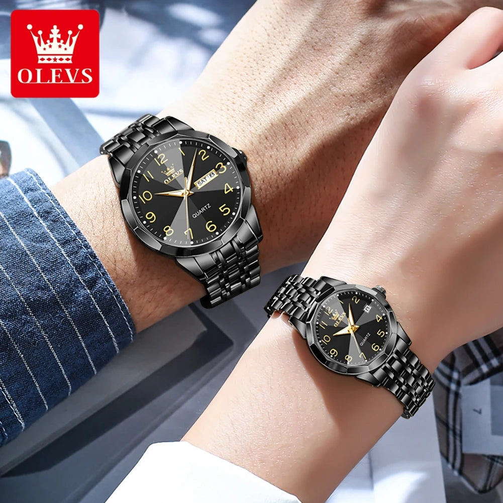 OLEVS 9970 Couple Watch Classic Digital Dial Stainless Steel Rhombus Mirror Luxury Top Quartz Watches for Men Women Lover's Gift