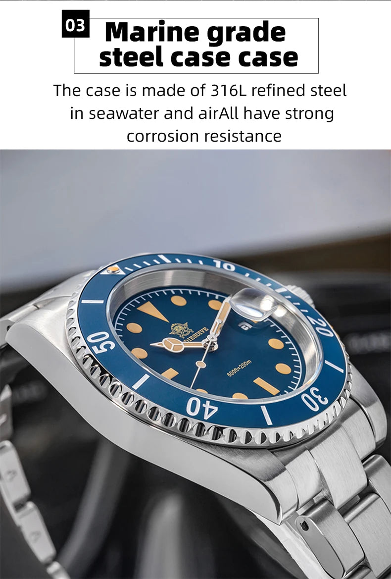 ADDIESDIVE AD2054 Stainless Steel Quartz Watch 200M Dive Watches Green Luminous Men's WristWatches Waterproof Relojes Masculino