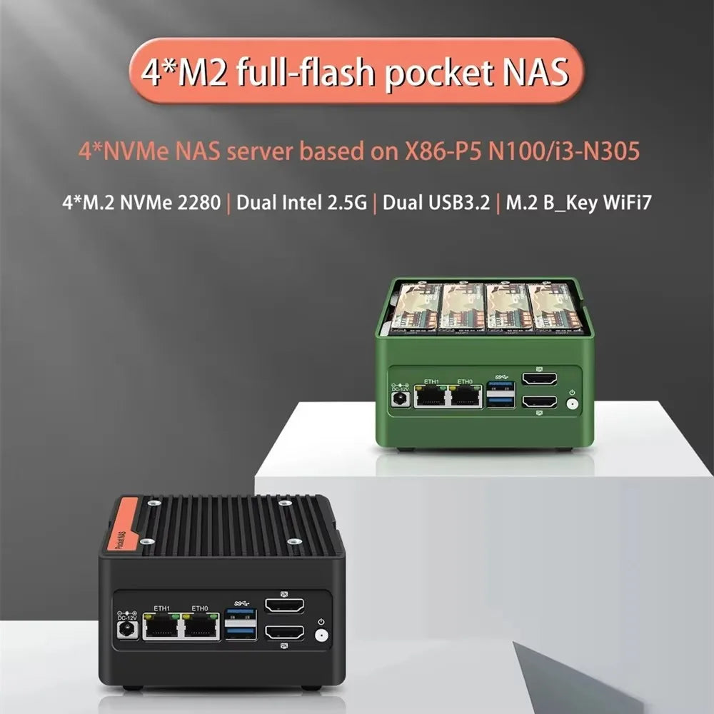 Hot 4 x NVMe Mini NAS Server 4 Bay NAS N100 3 N355 Pocket PC with Dual LAN,Dual HDMI 2.0,USB3.2 Gen2,Support BT5.4/WiFi6/WiFi7