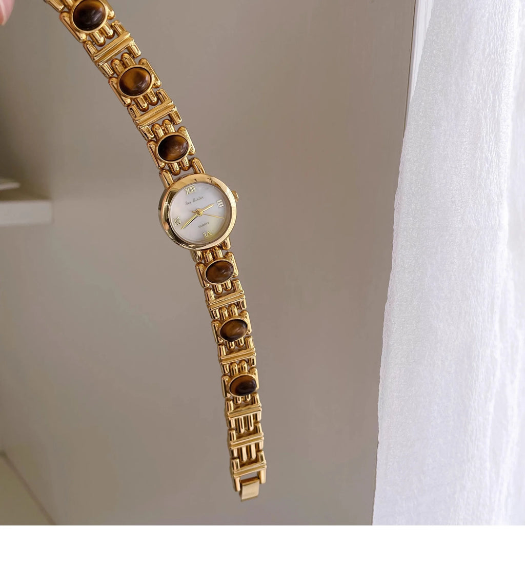 NEW Elegant Retro Watch Women Natural Brown Gemstone Jade Waterproof Round Dial Quartz Watch Female Bracelet Accessories Gift