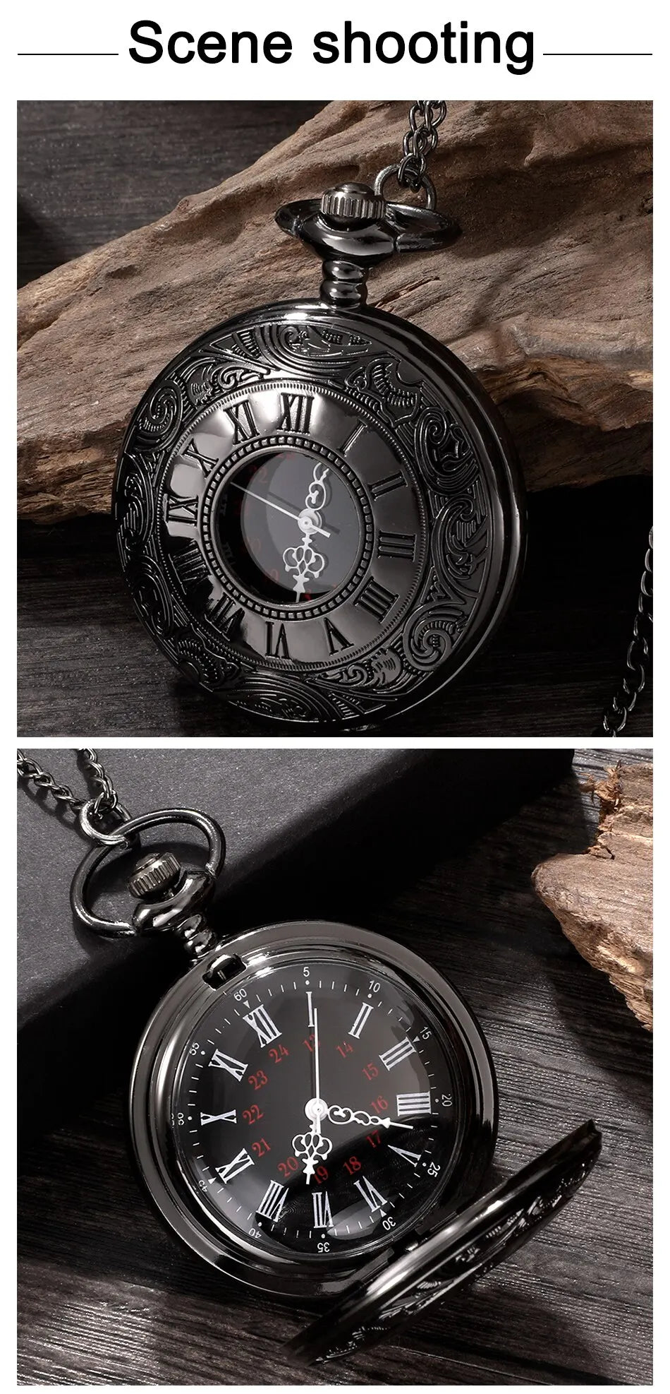 Vintage Charm Black Unisex Fashion Roman Number Quartz Steampunk Pocket Watch Women Man Necklace Pendant with Chain Gift