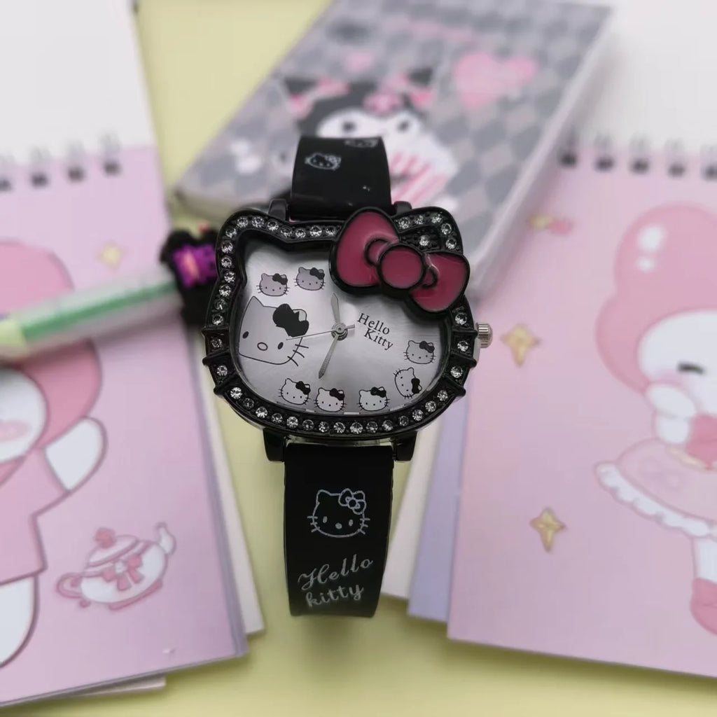 Cartoon Hello Kitty Electronic Watch Children's Cat Head Watch Bow Quartz Student Party Kids Girls Gifts Birthday Present