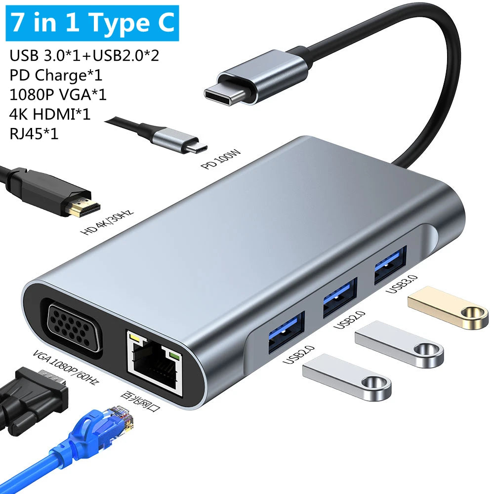 8/11/12-in-1 Type C Dock USB C Hub 3.0 Splitter Multiport Adapter 4K HDMI RJ45 SD/TF VGA HDMI PD for Laptop MacBook iPad xiaomi