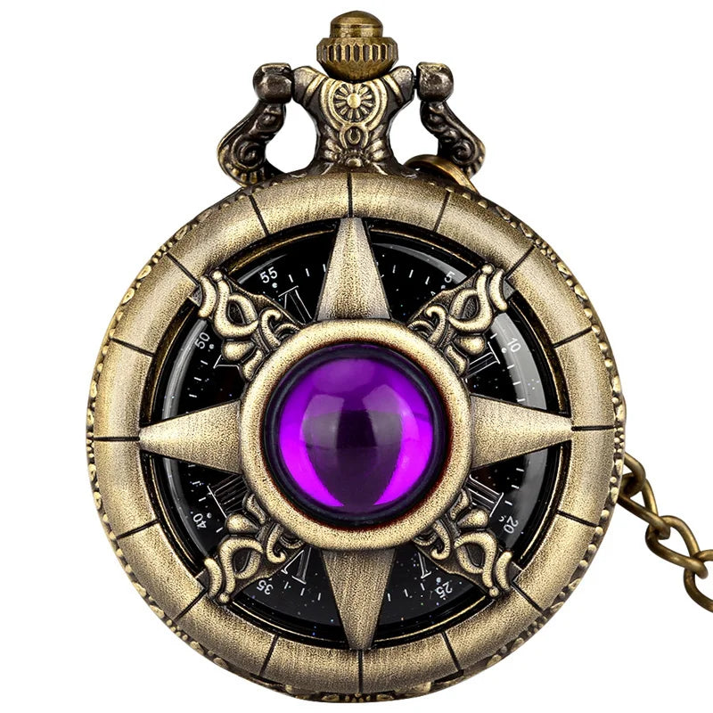 Exquisite Emerald-green Stone Bronze Case Quartz Pocket Watch Simple White Dial Chain Clock Necklace Pendant Watch for Men Women