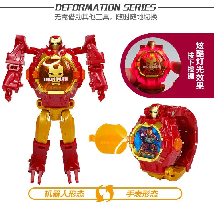 Marvel Iron Man Spiderman Cartoons Children's Watch Deformation Robot 3d LED Luminous Watch Children's Model Toy Watch