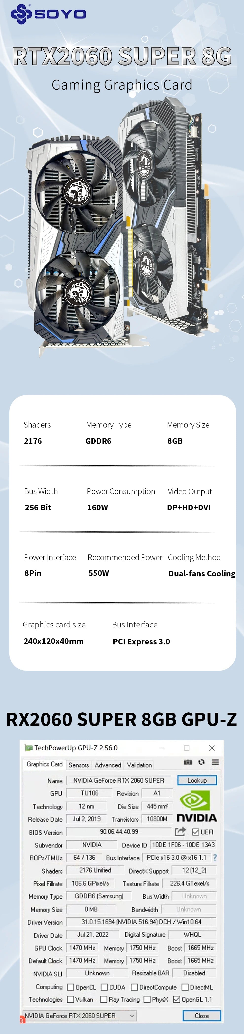SOYO RTX 2060 Super 8GB Placa De Video Gaming Graphics Card GDDR6 256Bit 8Pin PCI Express 3.0x16 rtx 2060 super 8gb game PC