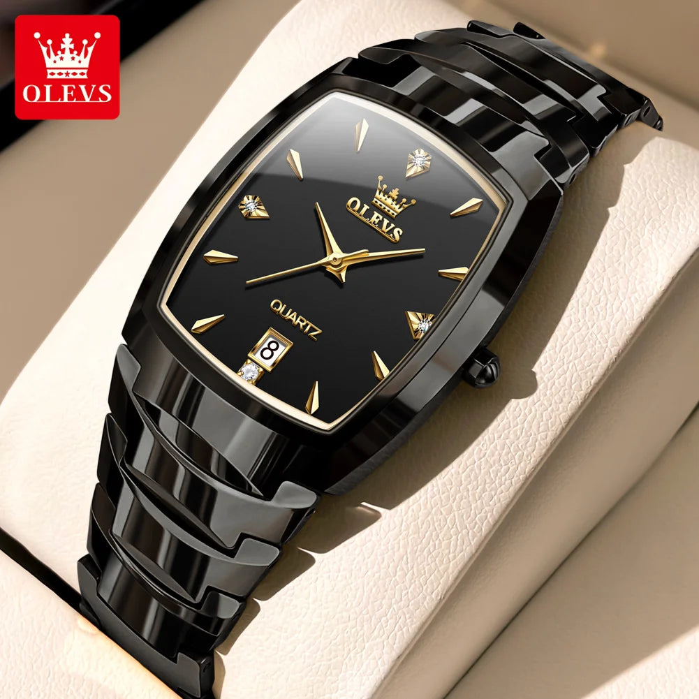 OLEVS 7006 Tonneau Tungsten Steel Couple Watch for Men Women Luxury Brand Quartz Lover's Watch His or Hers Waterproof Wristwatch