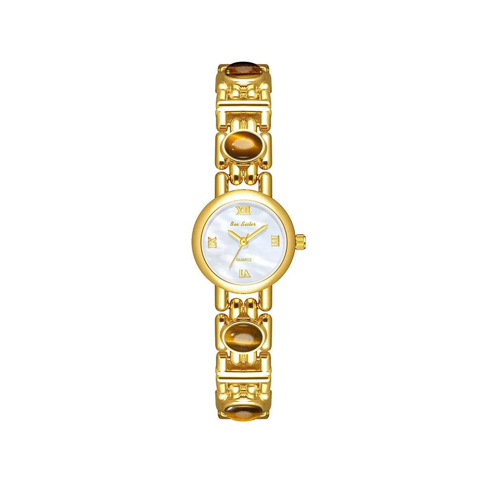 NEW Elegant Retro Watch Women Natural Brown Gemstone Jade Waterproof Round Dial Quartz Watch Female Bracelet Accessories Gift
