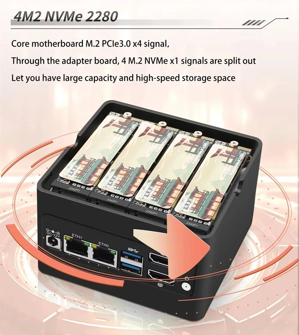 Hot 4 x NVMe Mini NAS Server 4 Bay NAS N100 3 N355 Pocket PC with Dual LAN,Dual HDMI 2.0,USB3.2 Gen2,Support BT5.4/WiFi6/WiFi7