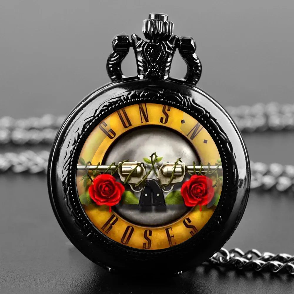 Unique Design Rose with Two Guns Quartz Pocket Watches Men Watch Women's Jewelry Fashion Necklace Pendant Clock Children Gifts