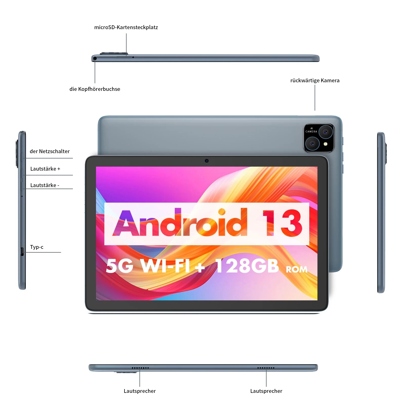 Tablet 10 inch, Android 13,Octa-Core, 5Ghz WiFi, 128 GB storage, 8000 mAh, 2.0 MP 8.0 MP camera, GMS certified Tablet PC