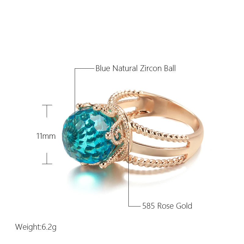 New Unusual 585 Rose Gold Crown Ring for Women Cut Emeral Ball Natural Zircon Ring Elegant Party Wedding Fine Jewelry