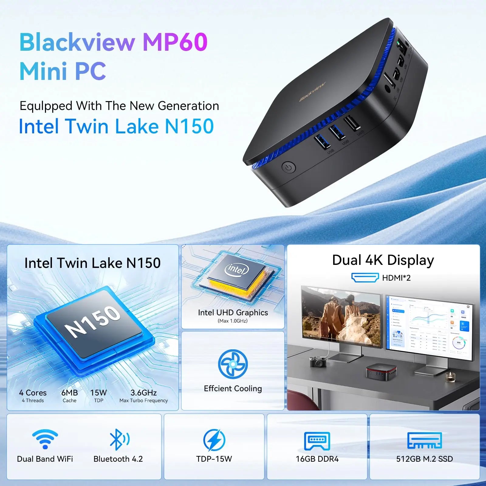 [World Premiere]Blackview MP60 NEW Mini PC Windows 11 PC Intel N150 16GB 512GB SSD 4K HD Doble HDMI Dual-Band 2.4G