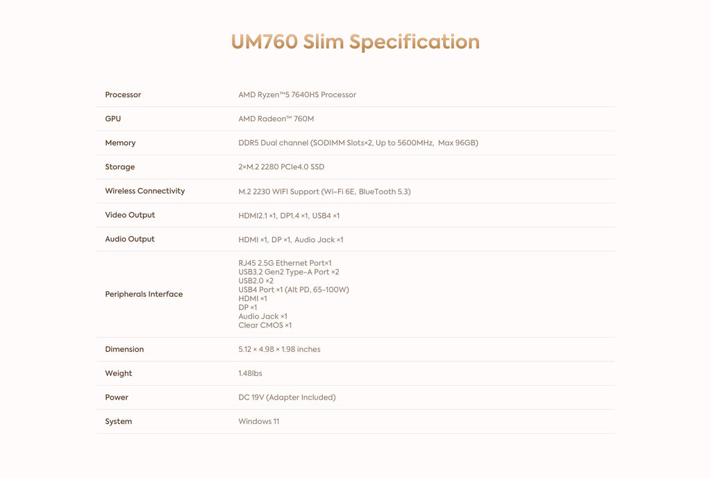 MINISFORUM Mini PC UM760 Slim AMD Ryzen 5 7640HS Mini Computer Windows 11 DDR5 16GB 1TB SSD Bluetooth 5.3 WiFi 6E Gaming PC