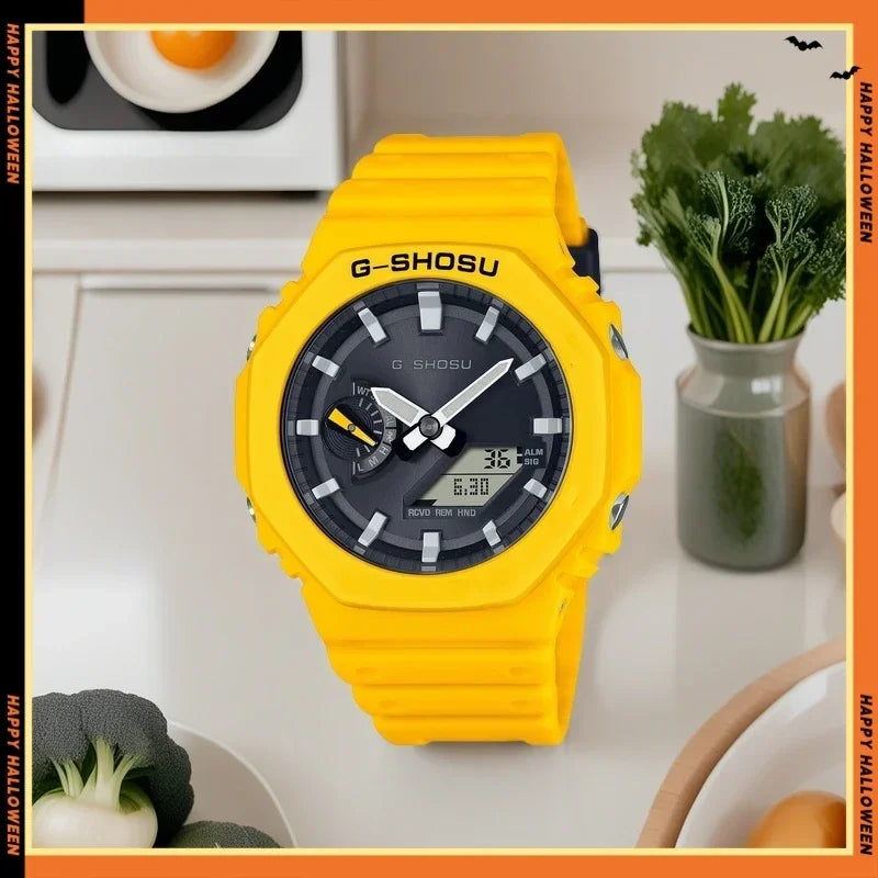 Unisex Electronic Digital Watch LED Dual Display World Time Rubber Strap Full Function Oak Series