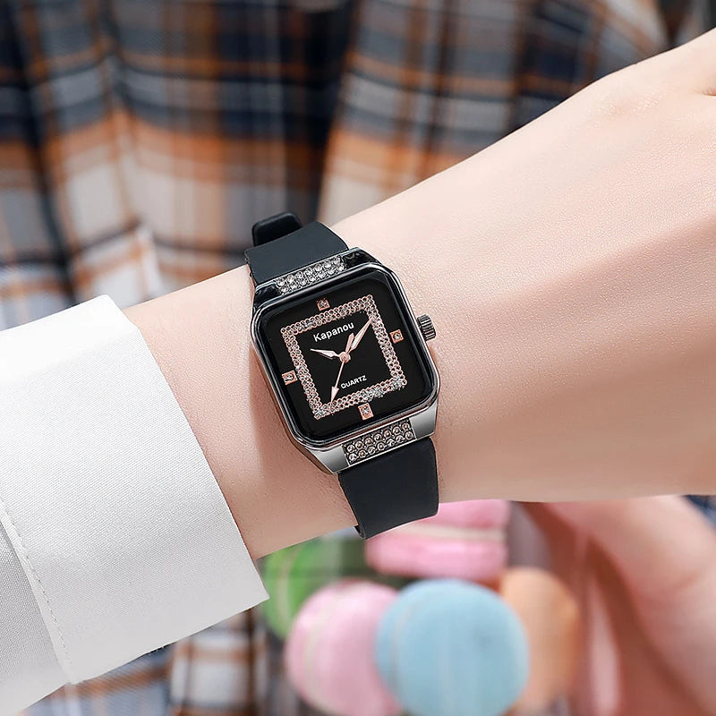 Women's fashionable square shell watch with diamond inlaid silicone quartz watch