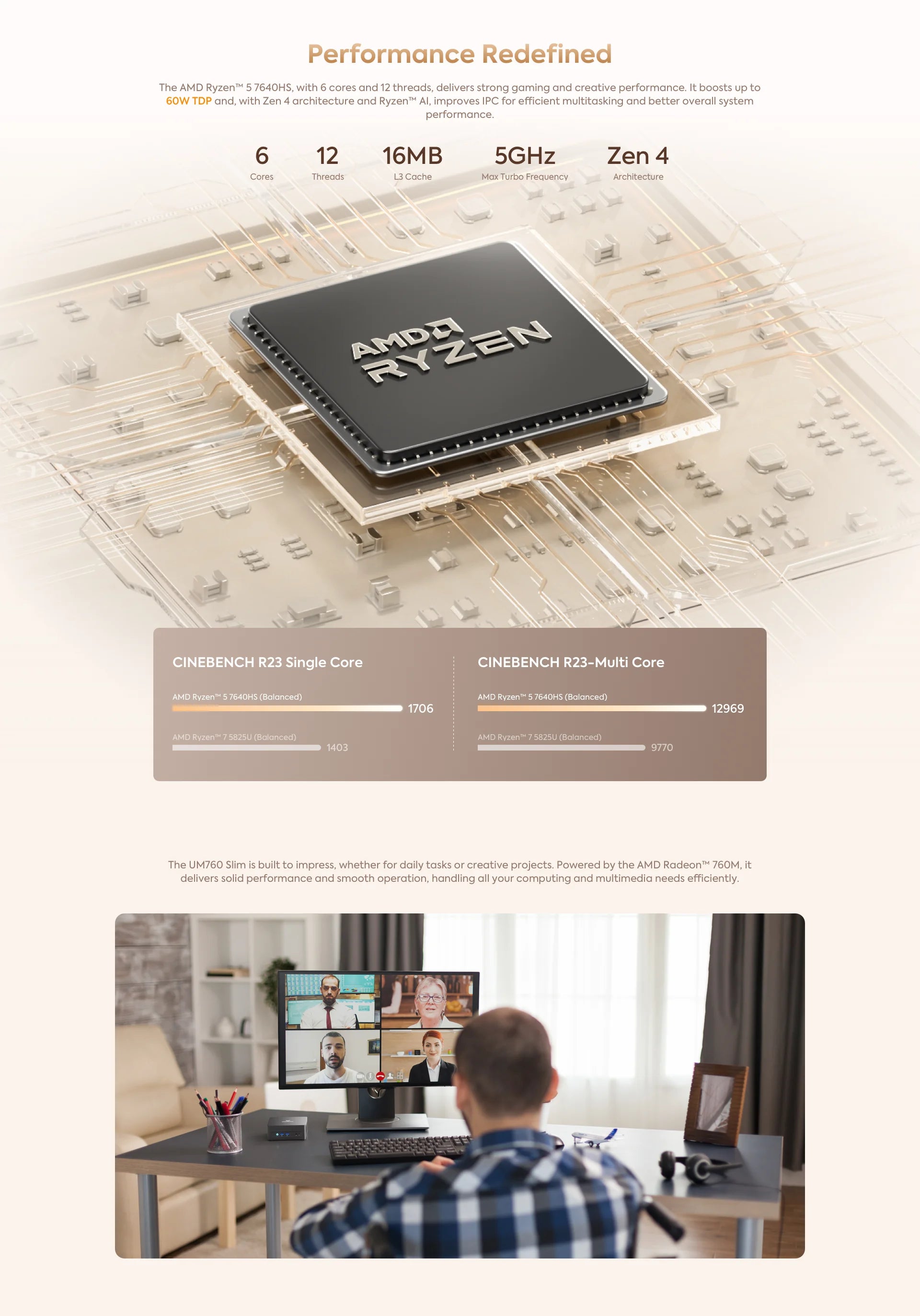 MINISFORUM Mini PC UM760 Slim AMD Ryzen 5 7640HS Mini Computer Windows 11 DDR5 16GB 1TB SSD Bluetooth 5.3 WiFi 6E Gaming PC