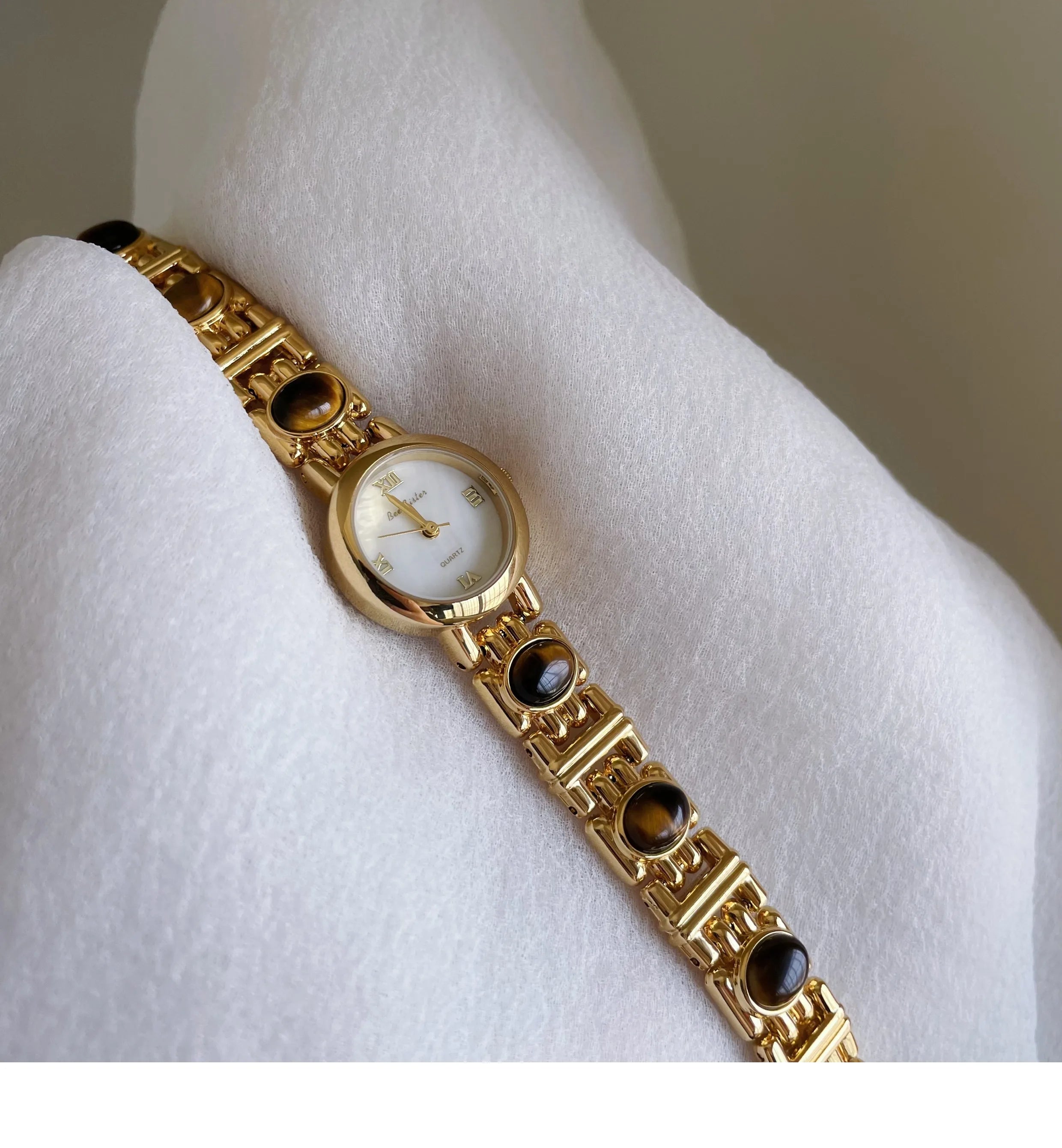NEW Elegant Retro Watch Women Natural Brown Gemstone Jade Waterproof Round Dial Quartz Watch Female Bracelet Accessories Gift