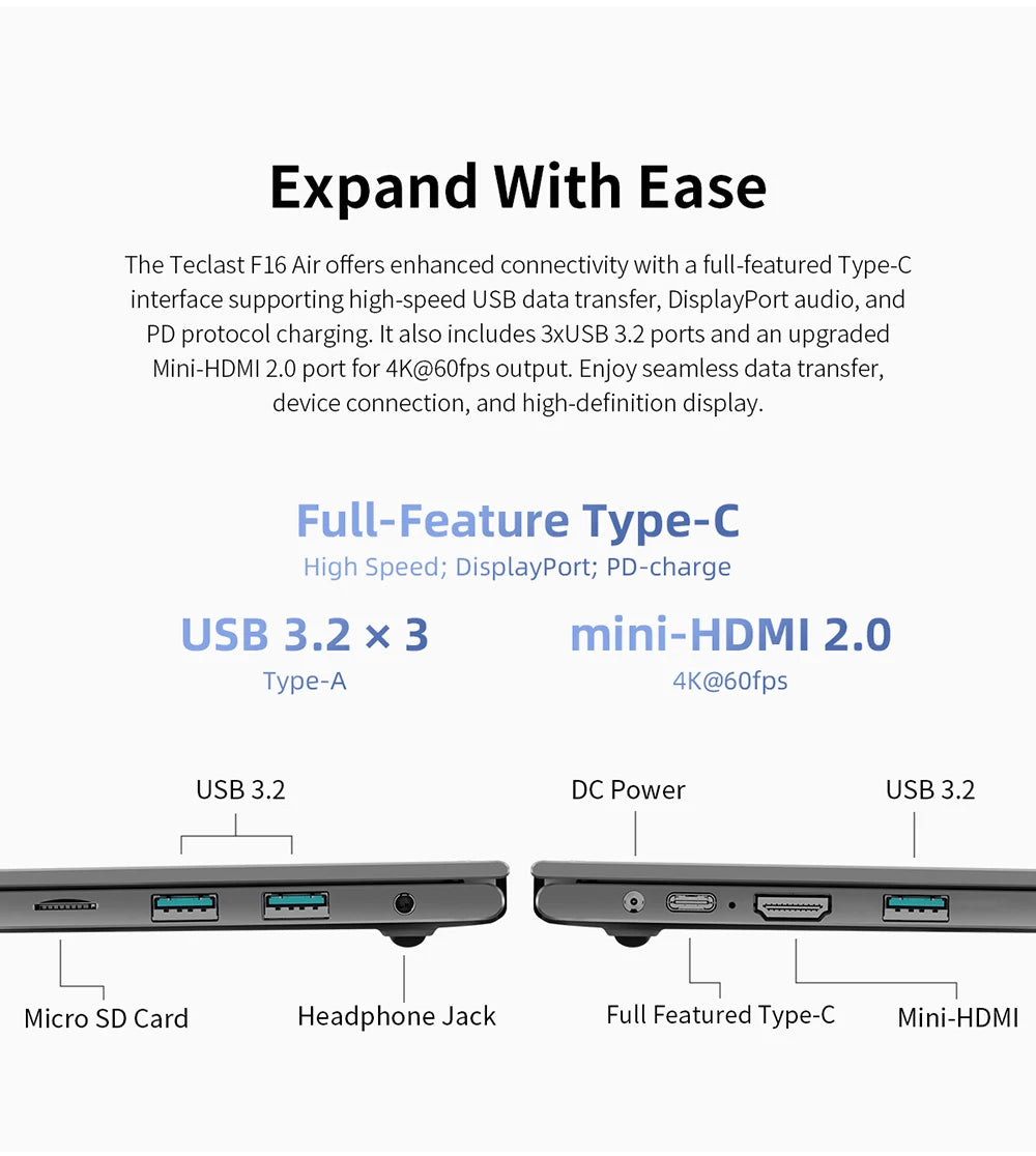TECLAST F16 Air Laptop 16 inch Backlit Keyboard 180 Degree Flip 16GB RAM ROM 512GB 1920x1200 IPS fits Intel N95 CPU Support Mini-HDMI