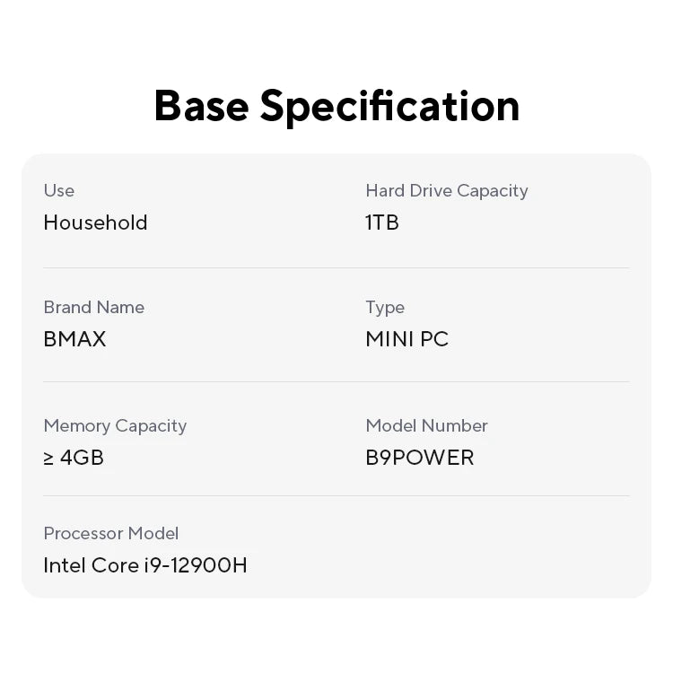 BMAX B9 Power Mini PC Intel Core i9-12900H Turbo Frequency 5.0GHz 24GB DDR5 RAM 1TB NVMe SSD WiFi 6 Bluetooth 5.2