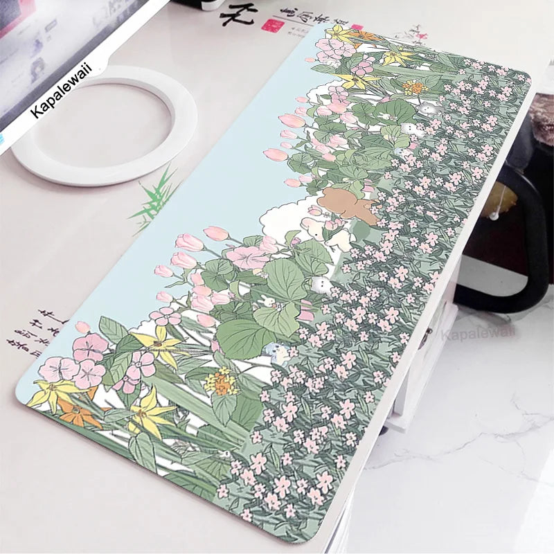 Cute Large Gaming Keyboard Mouse Pad XL Green Botany Computer Gamer Tablet pad Mousepad with Edge Locking Rubber Play Mice Mats