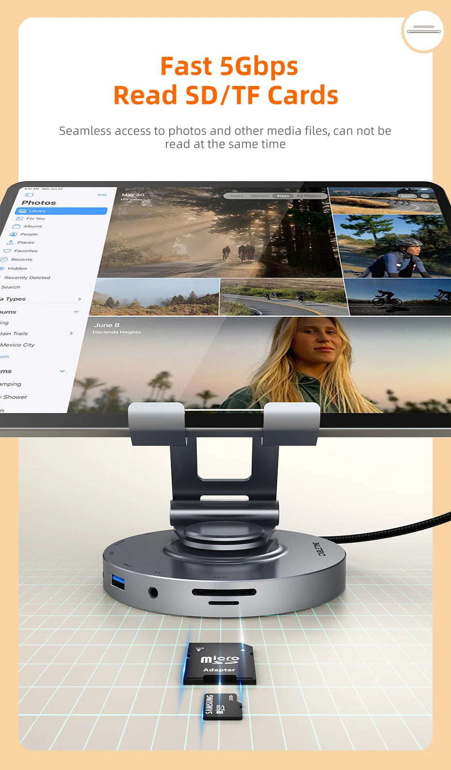 CABLETIME 8 in 1 Multi USB C Hub with 360 Rotating Stand HDMI 4K 60Hz PD 100W USB 5Gbps SD TF Aux 3.5mm for iPad Pro Tablet C441