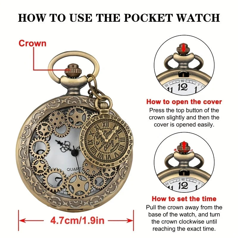 Retro Bronze Hollow Gear Carved Quartz Pocket Watch Necklace Pendant Clock Chain Memorial Gift for Men Women Reloj Hombre