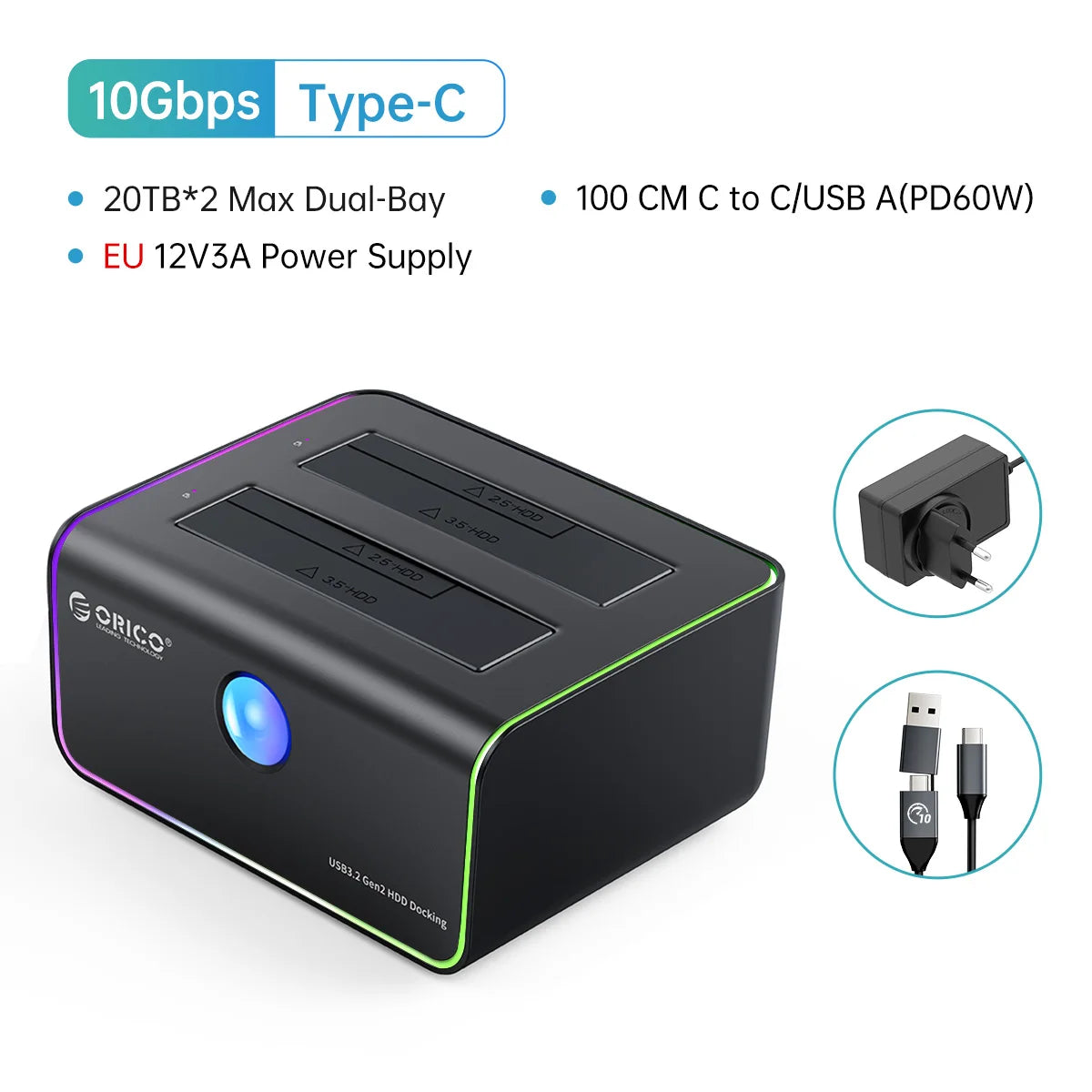 ORICO 3.5 Inch Dual-bay Type-C 5Gbps Hard Drive Docking Station for 2.5/3.5" HDD/SSD with 12V3A Power UASP Container Design